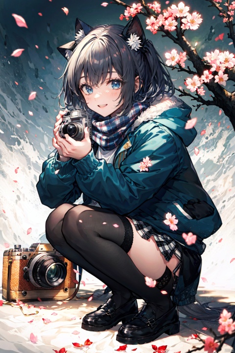 1girl, solo, long hair, looking at viewer, blush, smile, bangs, thighhighs, long sleeves, holding, closed mouth, jacket, full body, white shirt, pleated skirt, shoes, black thighhighs, scarf, black footwear, zettai ryouiki, plaid, petals, animal, plaid skirt, squatting, blue jacket, cherry blossoms, loafers, camera, holding camera