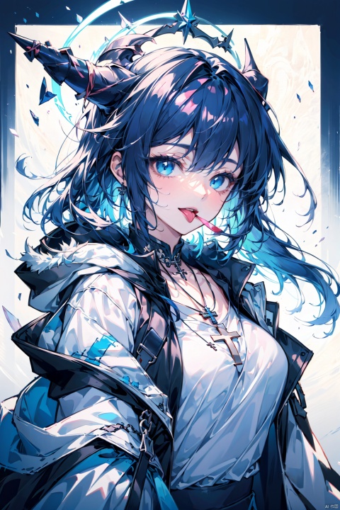 1girl, mostima \(arknights\), solo, horns, halo, long hair, blue hair, fur trim, blue eyes, shirt, cross necklace, white shirt, necklace, jewelry, long sleeves, open clothes, open coat, coat, fur-trimmed coat, upper body, blue tongue, black coat, cross, blue nails, simple background, grey background, bangs, collarbone, nail polish, hand up, gradient background, gradient, black jacket, looking at viewer, tongue, jacket, colored tongue, smile, hood, tongue out, demon horns, finger to mouth, (\ji jian\), (\shen ming shao nv\), (\MBTI\), jiqing, babata