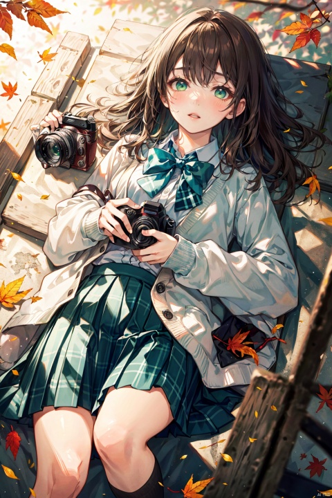 (masterpiece), (best quality), illustration, ultra detailed, hdr, Depth of field, (colorful),1girl, solo, holding camera, camera, skirt, holding, bow, lying, brown hair, bowtie, on back, looking at viewer, school uniform, cardigan, plaid, leaf, long hair, blush, green bow, bangs, long sleeves, autumn leaves, plaid skirt, parted lips, green eyes, shirt, green bowtie, white shirt, collared shirt, pleated skirt, autumn, blue skirt, blurry, outdoors