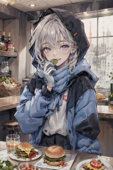 (detailed eyes, detailed face, detailed skin),masterpiece, (best quality, ultra-detailed,insanely detailed:1.2), (ultra high res,sharp focus,perfect anatomy,cel animation,fantastic illumination), super fine, anime beautiful girl,dynamic pose,1girl,ahoge,arm on table,bar (place),blue hood,blue jacket,blue shirt,blue sleeves,bright pupils,brown hair,burger,clenched hands,closed eyes,dog,eating,eyelashes,fire,food,gloves,grin,hand on own cheek,hand on own face,hood,hood down,hooded jacket,indoors,jacket,ketchup,ketchup bottle,lettuce,long sleeves,one eye closed,red gloves,red scarf,scarf,scroll,shirt,short hair,skeleton,smile,tomato,tomato slice,white pupils,white shirt, white pantyhose