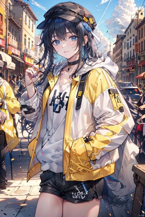 long hair, big hair, hair flowing over, messy hair, blue eyes, choker, closed mouth, collar, dog tail, hand in pocket, hat, hat with ears, hood, hoodie, jacket, yellow jacket, long hair, long sleeves, looking at viewer, nail polish, open clothes, open jacket, newspaper wall background, smile, solo, (\MBTI\), (\ji jian\), babata, jiqing, (/qingning/), cloud, 1girl