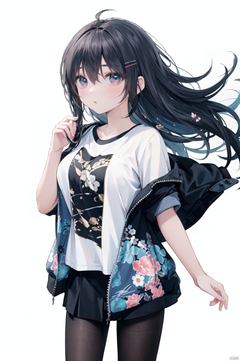 [(white background:1.4)::10], [(Lake and forest background:1.2):5]+++(double v:1.2), +++++masterpiece, loli, petite, medium breast, (panorama:1.2), caustics, best quality, beautiful detailed eyes, wavy hair, disheveled hair, messy hair, long bangs, hairs between eyes, extremely detailed, floating hair,white pantyhose,solo, best quality, masterpiece, highres, original, extremely detailed wallpaper, {an extremely delicate and beautiful}++++loose clothes, (t-shirt:1.4), (open jacket:1.2), ++, hairclip+/*/*/*++(floral print:1.2)+/*/*/*+++, JYPSS