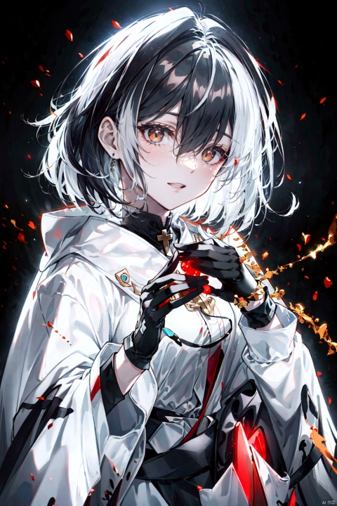 (masterpiece, best quality, best shadow,official art, correct body proportions, Ultra High Definition Picture,master composition),(bust:1.4), (light), (best hands details:1.4), ////// 1girl, solo, breasts, looking at viewer, bangs, simple background, black hair, red eyes, gloves, long sleeves, hair between eyes, short hair, jewelry, upper body, white hair, multicolored hair, parted lips, teeth, black gloves, black eyes, two-tone hair, lips, streaked hair, coat, symbol-shaped pupils, ring, white coat, red pupils, x-shaped pupils, ////// (dark background), church, light, ////// 1girl, cute girl, Light master