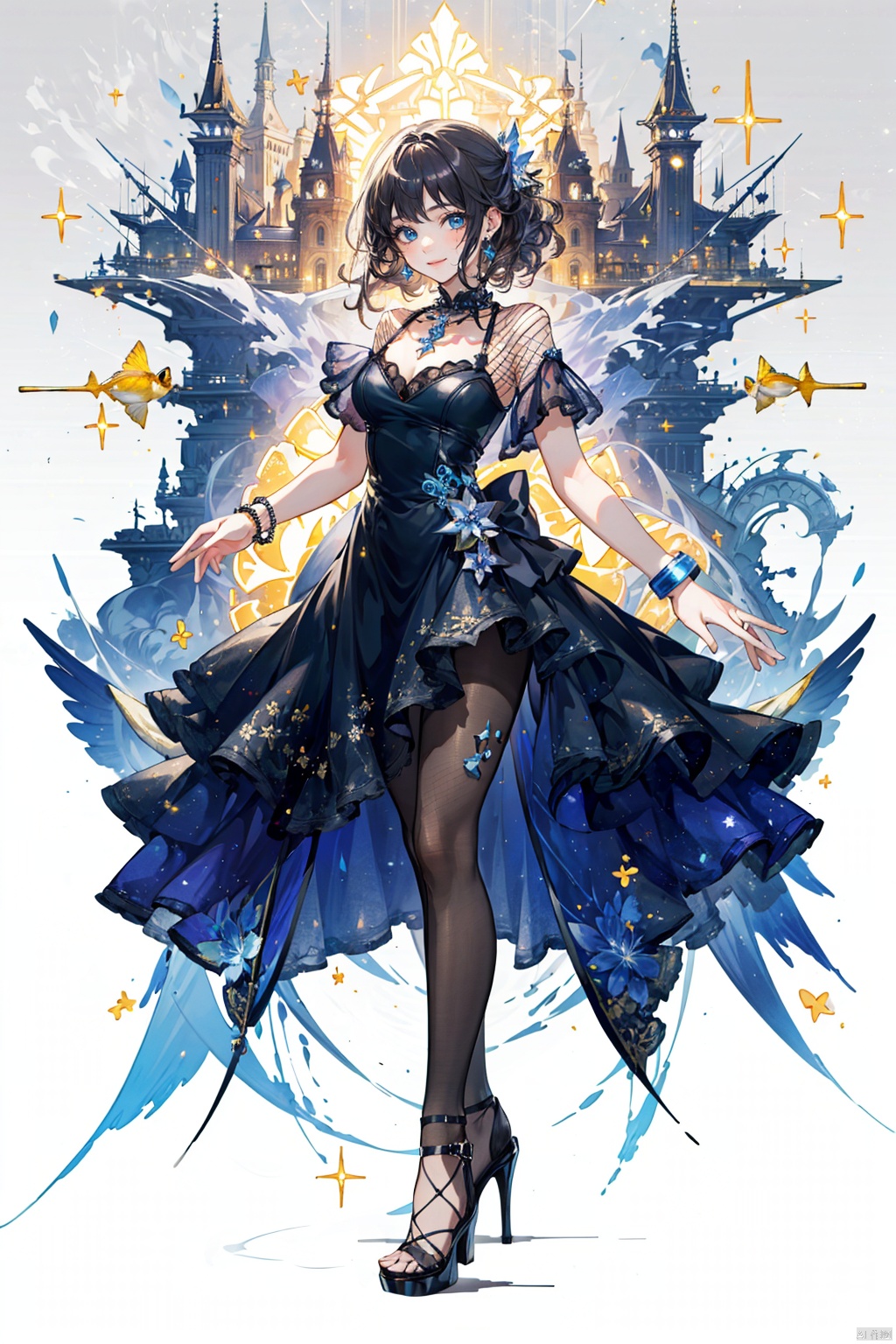 TT,1girl,Masterpiece, best quality, ultra-high resolution, realism, lifelike, original photo, real person, photo),(amazing, fine details, an extremely delicate and beautiful concept art), complex details, professional, official art, 1 girl, long curly hair, thighs, full body, sexy:, summer dress, (print, sparkle: 1.2), mellow, (modern fashion background: 1.2), gorgeous, JoJo pose, ring, earrings, necklace, bracelet, closed smile, (neon: 1.2), low shutter, the most beautiful artwork in the world, aesthetics, atmosphere, dynamic angle, (fishnet pantyhose, high heels: 1.3),(masterpiece, top quality, best quality, official art, beauty and aesthetics: 1.2),(1 girl), extreme detail, (fractal art: 1.3) color, highest detail, , (tutututu), depth of field