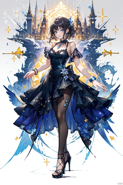 TT,1girl,Masterpiece, best quality, ultra-high resolution, realism, lifelike, original photo, real person, photo),(amazing, fine details, an extremely delicate and beautiful concept art), complex details, professional, official art, 1 girl, long curly hair, thighs, full body, sexy:, summer dress, (print, sparkle: 1.2), mellow, (modern fashion background: 1.2), gorgeous, JoJo pose, ring, earrings, necklace, bracelet, closed smile, (neon: 1.2), low shutter, the most beautiful artwork in the world, aesthetics, atmosphere, dynamic angle, (fishnet pantyhose, high heels: 1.3),(masterpiece, top quality, best quality, official art, beauty and aesthetics: 1.2),(1 girl), extreme detail, (fractal art: 1.3) color, highest detail, , (tutututu), depth of field