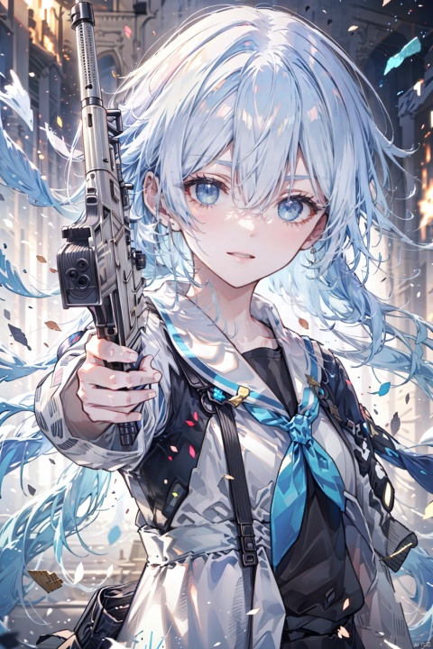 1girl, solo, long hair, looking at viewer, bangs, blue eyes, holding, hair between eyes, blue hair, upper body, weapon, white hair, holding weapon, blurry, gun, floating hair, depth of field, heterochromia, fire, outstretched arm, holding gun, handgun, covered mouth, aiming, aiming at viewer