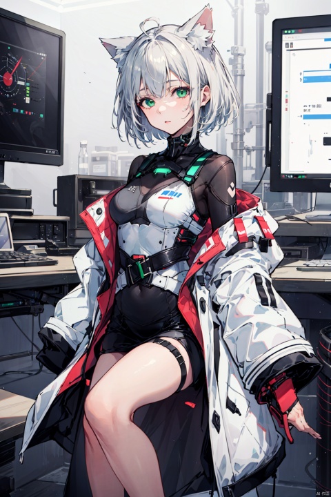 1girl, (40-year-old, mature female), sideways glance, white skin, white hair, small breasts, cat_ears, white coat, green top, black short, waist_upon, in the lab, equipment, ultra-detailed, best quality, masterpiece, Kal'tsit, cyberpunk