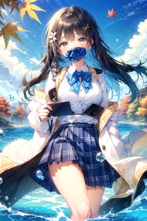1girl, air_bubble, autumn_leaves, black_hair, blue_bow, blue_sky, blush, bow, bowtie, breasts, brown_eyes, bubble, cloud, day, eyebrows_visible_through_hair, flower, hair_ornament, hairclip, holding, jacket, long_hair, looking_at_viewer, orange_flower, plaid, plaid_skirt, pleated_skirt, school_uniform, skirt, sky, solo, thighs, water_drop, colors