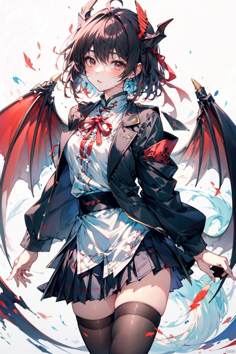 (wings:1.5),1girl, ahoge, bat_wings, black_legwear, blue_jacket, blush, brown_wings, center_frills, cowboy_shot, demon_wings, dragon_girl, dragon_horns, dragon_tail, dragon_wings, frilled_shirt, frills, horns, jacket, looking_at_viewer, open_clothes, open_jacket, plaid, plaid_skirt, pleated_skirt, pointy_ears, red_ribbon, red_skirt, red_wings, ribbon, school_uniform, shirt, short_hair, simple_background, skirt, solo, tail, thighhighs, white_background, wings, zettai_ryouiki, (\shen ming shao nv\), (\ji jian\), jiqing