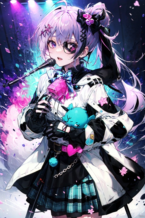 (masterpiece), (best quality), illustration, ultra detailed, hdr, Depth of field, (colorful),[miwano rag],[wlop],[[wakaba]],[haneru],1girl, solo, eyepatch, virtual youtuber, looking at viewer, black shirt, white jacket, gloves, holding, microphone, black gloves, purple eyes, long sleeves, bow, skirt, multicolored hair, jacket, bangs, stuffed toy, stuffed bunny, plaid, plaid skirt, ahoge, shirt, heart, streaked hair, glowstick, stuffed animal, blush, pink hair, purple hair, bowtie, ponytail, parted lips, chain, stage, long hair, side ponytail, hair bow, belt, sidelocks, holding microphone, black belt, microphone stand, buttons, heart ahoge, hair ornament, medium hair, pink bow, cropped jacket, Fangren