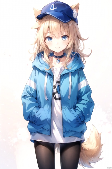 1girl,animal ears,baseball cap,loli,petite,blonde hair,long hair,big hair,hair flowing over,messy hair,blue eyes,choker,closed mouth,collar,(dog tail1.2),hand in pocket,hat,hat with ears,hood,hoodie,jacket,long hair,long sleeves,looking at viewer,nail polish,open clothes,open jacket,simple background,smile,solo,