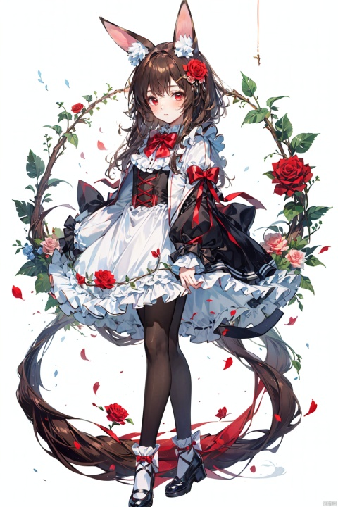 1girl, solo, long hair, looking at viewer, blush, bangs, brown hair, hair ornament, red eyes, long sleeves, white background, dress, bow, animal ears, very long hair, closed mouth, full body, flower, hair bow, pantyhose, frills, shoes, socks, puffy sleeves, hair flower, bowtie, rabbit ears, red bow, animal ear fluff, black pantyhose, rose, red dress, frilled dress, white bow, red flower, red footwear, puffy long sleeves, striped bow, petticoat, footwear bow