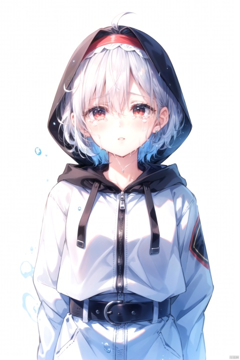 1girl, solo, short hair, bangs, simple background, red eyes, white background, jacket, upper body, white hair, hairband, parted lips, belt, tears, hood, hair over one eye, wet, glowing, white jacket, hood down, crying, hooded jacket, crying with eyes open