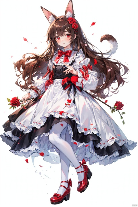 1girl, solo, long hair, looking at viewer, blush, bangs, brown hair, hair ornament, red eyes, long sleeves, white background, dress, bow, animal ears, very long hair, closed mouth, full body, flower, hair bow, pantyhose, frills, shoes, socks, puffy sleeves, hair flower, bowtie, rabbit ears, red bow, animal ear fluff, black pantyhose, rose, red dress, frilled dress, white bow, red flower, red footwear, puffy long sleeves, striped bow, petticoat, footwear bow