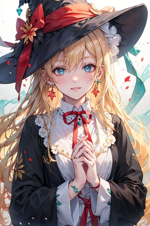 1girl, solo, hat, witch hat, long hair, smile, upper body, ribbon, red ribbon, long sleeves, own hands together, looking at viewer, earrings, blonde hair, blush, neck ribbon, flower, shirt, black headwear, jewelry, aqua eyes