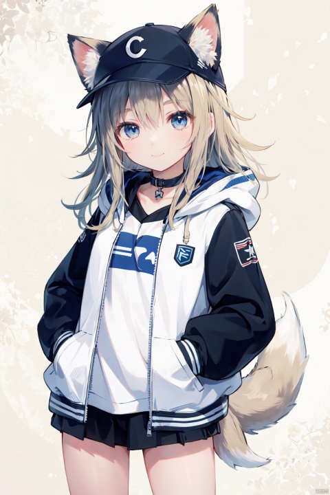 1girl,animal ears,baseball cap,loli,petite,blonde hair,long hair,big hair,hair flowing over,messy hair,blue eyes,choker,closed mouth,collar,(dog tail1.2),hand in pocket,hat,hat with ears,hood,hoodie,jacket,long hair,long sleeves,looking at viewer,nail polish,open clothes,open jacket,simple background,smile,solo,