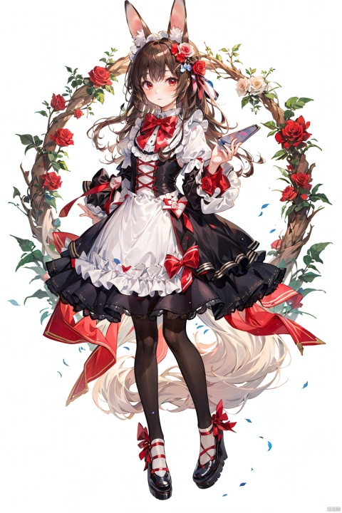 1girl, solo, long hair, looking at viewer, blush, bangs, brown hair, hair ornament, red eyes, long sleeves, white background, dress, bow, animal ears, very long hair, closed mouth, full body, flower, hair bow, pantyhose, frills, shoes, socks, puffy sleeves, hair flower, bowtie, rabbit ears, red bow, animal ear fluff, black pantyhose, rose, red dress, frilled dress, white bow, red flower, red footwear, puffy long sleeves, striped bow, petticoat, footwear bow