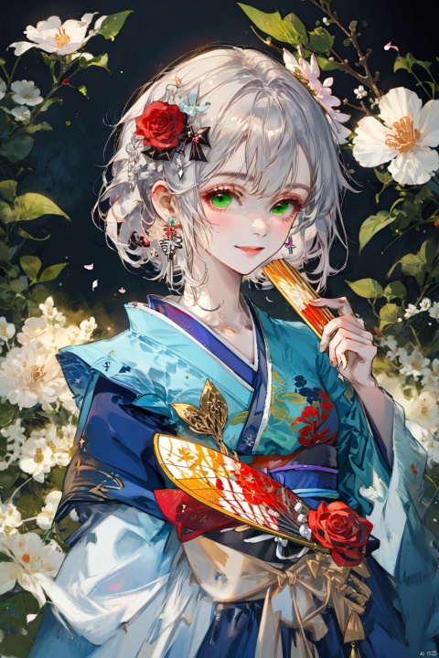 1girl, solo, noelle \(genshin impact\), hair ornament, flower, green eyes, braid, hair flower, looking at viewer, red flower, smile, hand fan, kimono, japanese clothes, jewelry, earrings, short hair, rose, holding, bangs, cross, closed mouth, upper body, white hair, long sleeves, red rose, braided bangs, holding fan, wide sleeves, cross earrings, petals, black dress, red background