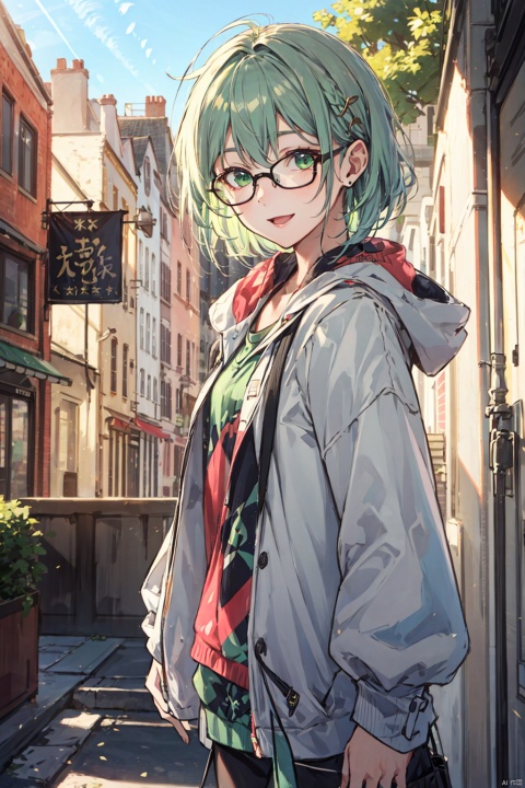 1 middle-aged female, green hair, cheerful, glasses, outdoor, depth of field
