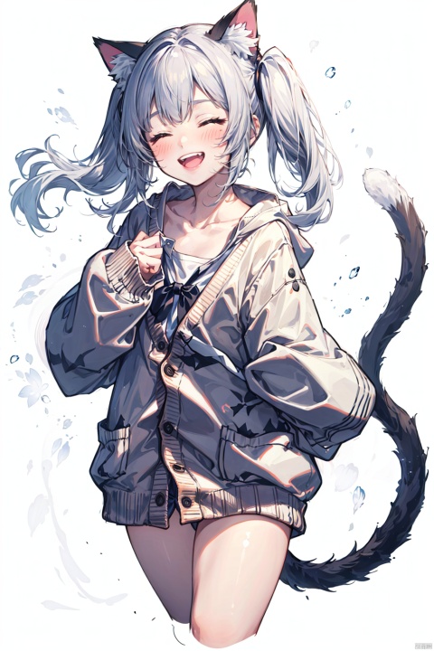 1girl, solo,catgirl,cat ears,cat tail,white hair, twintails, blush, smile, shirt, white shirt, long shirt, ^ ^, brown cardigan, cardigan, closed eyes, collarbone, cropped legs, long sleeves, sleeves past fingers, sleeves past wrists, upper teeth only, teeth, white background