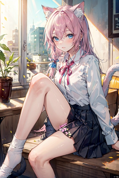 1girl, animal ears, pink hair, cat ears, solo, skirt, blue eyes, shirt, long hair, tail, white shirt, animal ear fluff, white socks, cat tail, censored, sitting, socks, window, cat girl, knees together feet apart, pleated skirt, long sleeves, indoors, looking at viewer, blush, knees up, feet out of frame, collared shirt, bangs, black skirt, very long hair, bar censor, hair between eyes, closed mouth, ribbon