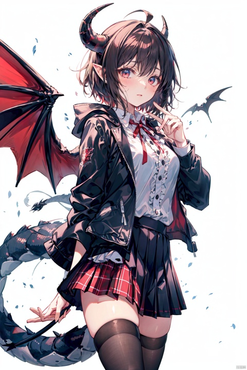 1girl, ahoge, bat_wings, black_legwear, blue_jacket, blush, brown_wings, center_frills, cowboy_shot, demon_wings, dragon_girl, dragon_horns, dragon_tail, dragon_wings, frilled_shirt, frills, horns, jacket, looking_at_viewer, open_clothes, open_jacket, plaid, plaid_skirt, pleated_skirt, pointy_ears, red_ribbon, red_skirt, red_wings, ribbon, school_uniform, shirt, short_hair, simple_background, skirt, solo, tail, thighhighs, white_background, wings, zettai_ryouiki