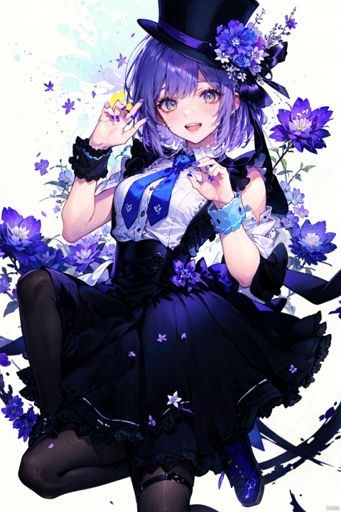 (masterpiece), (best quality), illustration, ultra detailed, hdr, Depth of field, (colorful),[[sheya]],hiten_(hitenkei),[Nachoneko],1girl, solo, hat, necktie, mini hat, looking at viewer, open mouth, wrist cuffs, white background, frills, skirt, purple hair, smile, center frills, sleeveless, shirt, nail polish, rose, yellow eyes, claw pose, hands up, blush, flower, purple nails, makabe mizuki, top hat, simple background, white shirt, breasts, sidelocks, pantyhose, tilted headwear, blue flower, purple footwear, short hair, black necktie, :d