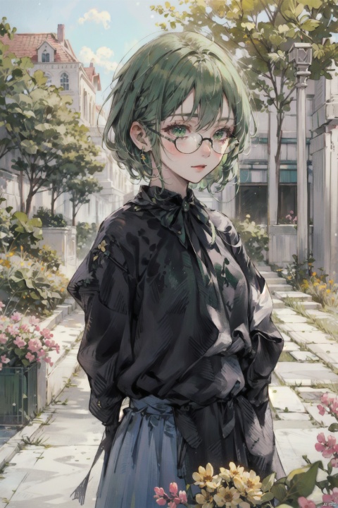 1 middle-aged female, green hair, cheerful, glasses, outdoor, depth of field