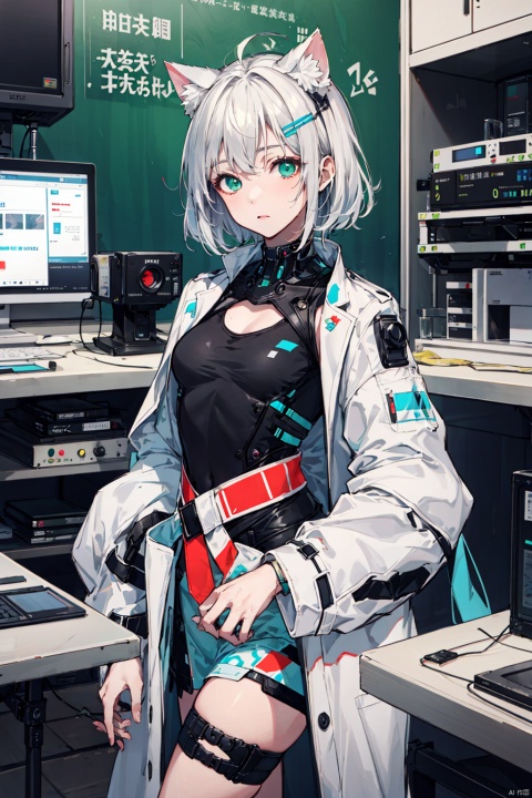 1girl, (40-year-old, mature female), sideways glance, white skin, white hair, small breasts, cat_ears, white coat, green top, black short, waist_upon, in the lab, equipment, ultra-detailed, best quality, masterpiece, Kal'tsit, cyberpunk