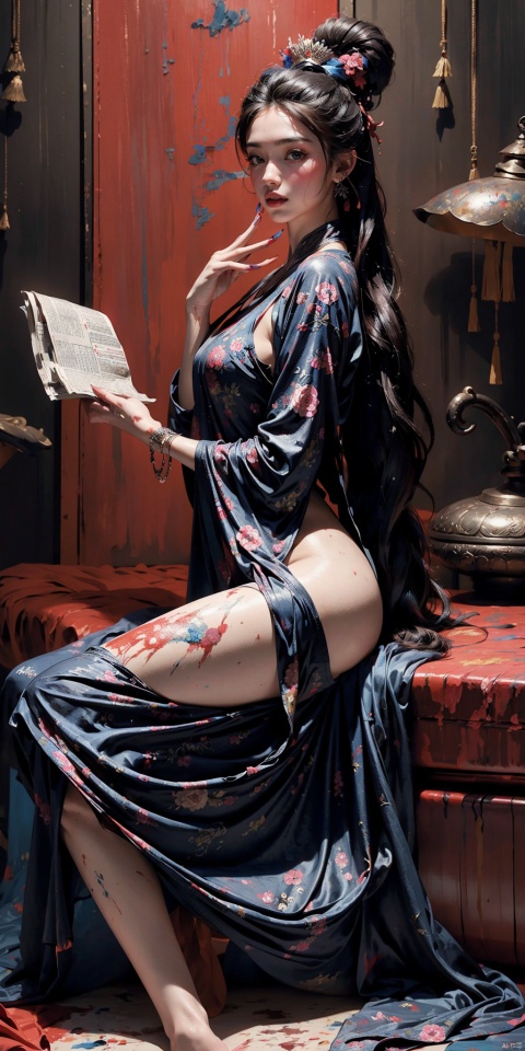 Masterpiece, best quality, 1 female (newspaper background), black hair, flowing hair, rose cheeks, gazing at the audience, smooth leather oversized clothing, happy, (side view), whole body, lying in bed, (studio lighting), soft lighting, dark style, nighttime style, (nipple: 0.85), (masterpiece, highest quality, official art, beauty and aesthetics: 1.2), (1 female: 1.4) very detailed, (inspired by Joshua Middleton comic cover art: 1.1), (action painting: 1.6), (representativeness: 1.2) theater stage, (super high 1.5), color details first. Hu Liya, Chinese art, real dragon, underwater, elegant hands, exquisite nails, bath dragon, blueberry dress. Shuixia, glass, (blueberry flower), (blueberry flower), high-definition true face, clear sand, upright