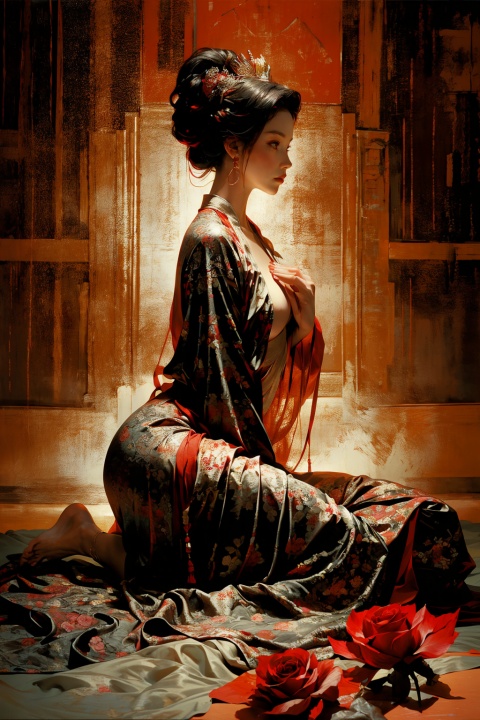 Masterpiece, best quality, 1 female (newspaper background), black hair, flowing hair, lotus cheeks, staring at the audience, * * leather oversized clothes, happy, (side view), whole body, lying in bed, (studio lighting), soft lighting, dark style, night style, (nipple: 0.85), (masterpiece, highest quality, official art, beauty and aesthetics: 1.2), (1 female: 1.4) very detailed, Inspired by Joshua Middleton's comic book cover art: 1.1, (action painting: 1.6), (representativeness: 1.2), theater stage, (oversized: 1.5), rich in color and highest in detail, Hulia, Chinese art, real dragon, underwater, elegant hands, exquisite nails, bath dragon, red dress. Shuixia, Glass, (Rose), (Rose), High Definition Face, Clear Sand, Vertical Separation