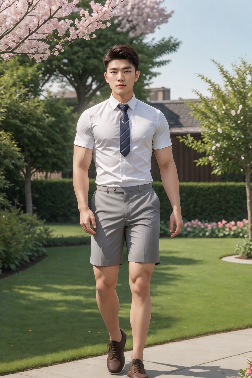  masterpiece,1 boy,Young,Handsome,Look at me,Short hair,Tea hair,Students,White shirt,Striped tie,Gray shorts,Stand,Outdoor,Garden,Peach tree,Flying petals,Light and shadow,HDR,textured skin,super detail,best quality, CodeMan001, SaSangAAA, LianmoNan, jzns,flm