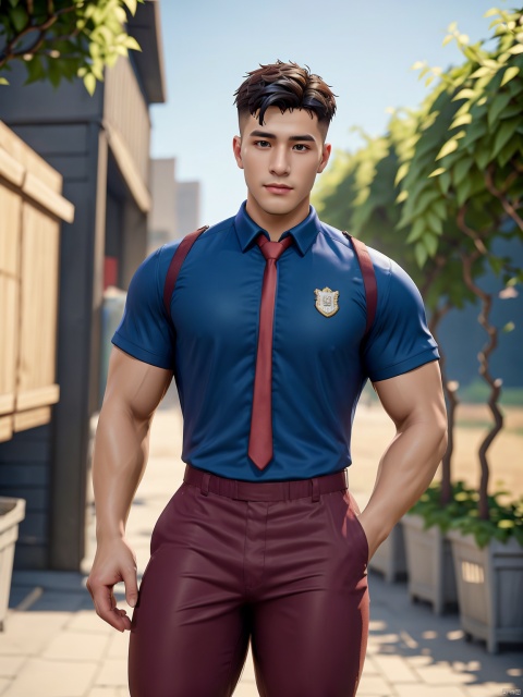  masterpiece,1 Man,Look at me,Handsome,Lovely,textured skin,super detail,best quality,adapted_uniform,Bustling city, 1 boy, a boy_gmlwman, Muscular Male, Fortnite, Hanama wine