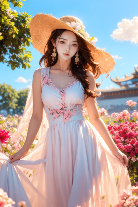  masterpiece, 1 girl, 18 years old, Look at me, long_hair, straw_hat, Wreath, petals, Big breasts, Light blue sky, Clouds, hat_flower, jewelry, Stand, outdoors, Garden, falling_petals, White dress, textured skin, super detail, best quality, ajkds, (\xing he\), kongque, JMLong, pink fantasy, chinese, Trainee Nurse