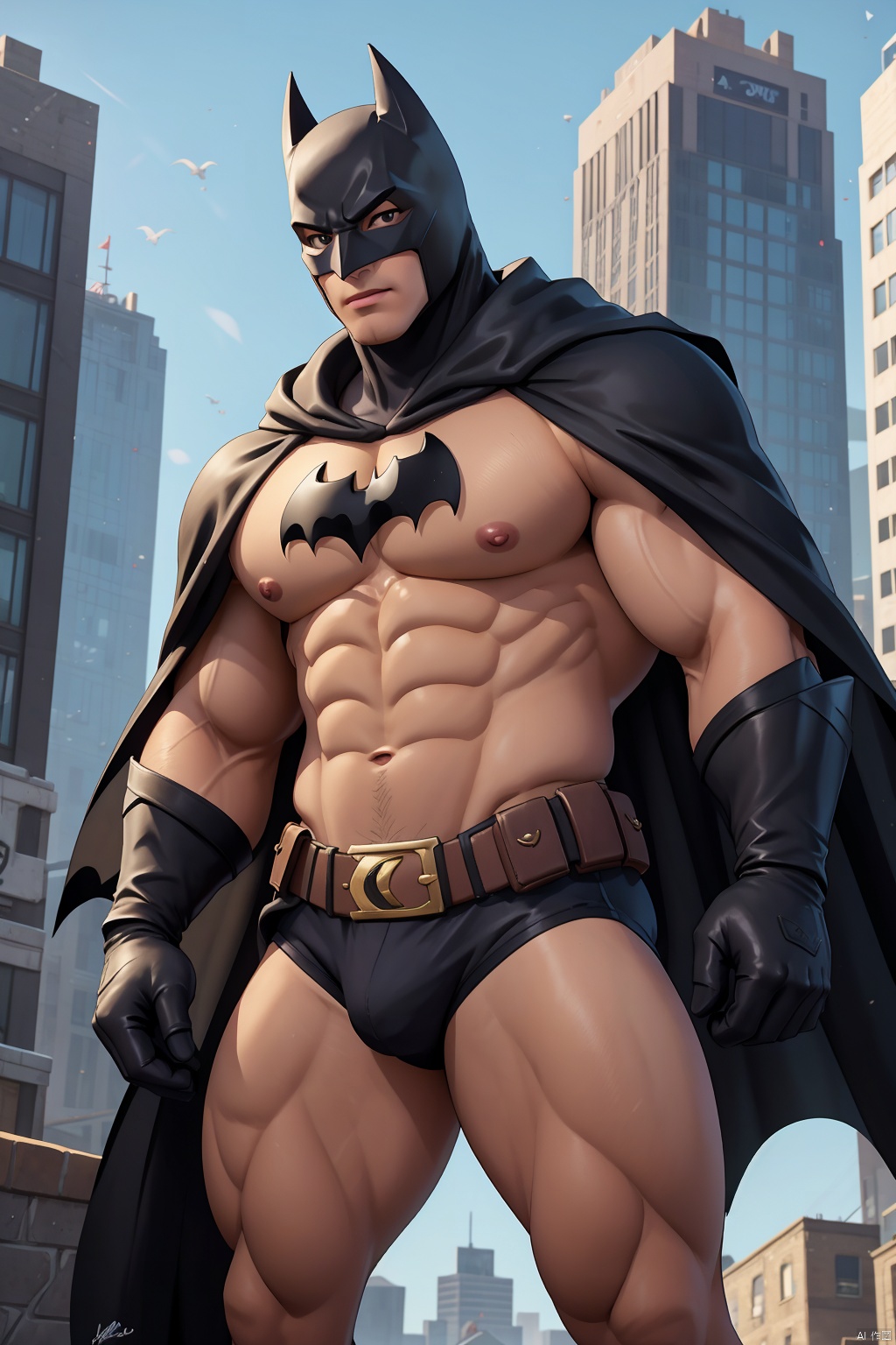  1boy,solo,Batman,male focus,cape,muscular,mask,gloves,bodysuit,belt,building,city,black cape,covered abs,clenched hands,looking at viewer,muscular male,skin tight,black gloves,pectorals,outdoors,clenched hand,closed mouth,standing,signature,abs,thighs,skyscraper, Fortnite