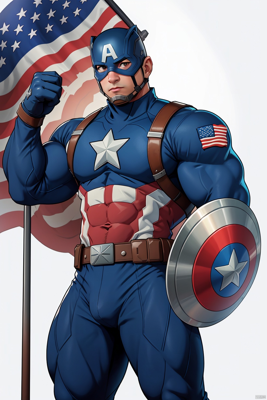  1boy,Captain America,male focus,solo,superhero,mask,muscular,bodysuit,belt,flag,(shield:1.2),american flag,manly,gloves,muscular male, Fortnite