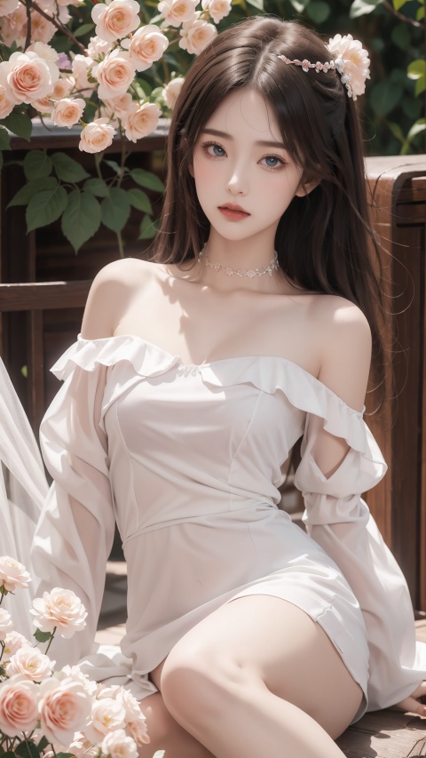  1girl, solo, red flower, flower, blue eyes, long hair, holding flower, holding, rose, dress, petals, hair ornament, red rose, lying, long sleeves, white hair, on back, white dress, looking at viewer, choker, parted lips, bare shoulders, blush, bangs, off shoulder, black choker, hair flower, off-shoulder dress, very long hair, collarbone, puffy long sleeves, puffy sleeves, rose petals, hair between eyes,eyesseye