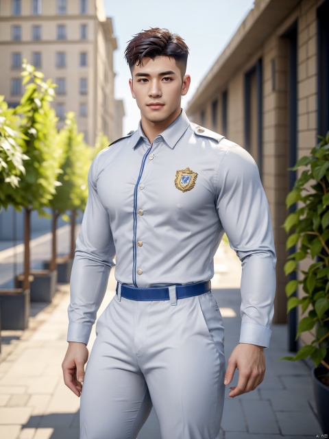  masterpiece,1 Man,Look at me,Handsome,Lovely,textured skin,super detail,best quality,adapted_uniform,Bustling city, 1 boy, a boy_gmlwman, Muscular Male, Fortnite, Hanama wine