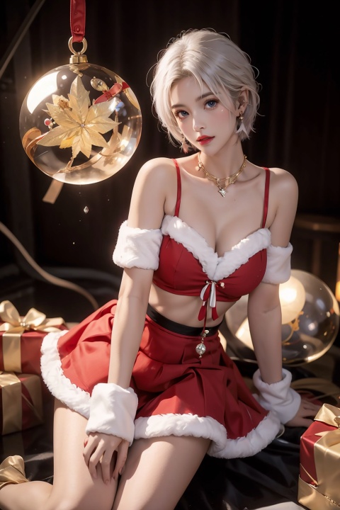  1girl,Bangs, off shoulder, (white hair), (naked), blue eyes, chest, earrings, dress, earrings, floating hair, jewelry, (orb),Crystal ball, magic ball,sleeveless, short hair,Looking at the observer, parted lips, pierced,energy,electricity,magic, tutututu, red skirt, christmas,fur-trimmed_skirt