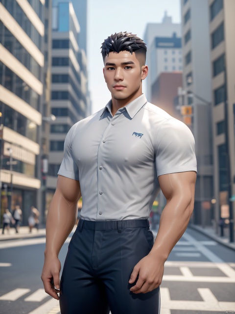  masterpiece,1 Man,Look at me,Handsome,Lovely,textured skin,super detail,best quality,adapted_uniform,Bustling city, 1 boy, a boy_gmlwman, Muscular Male, Fortnite