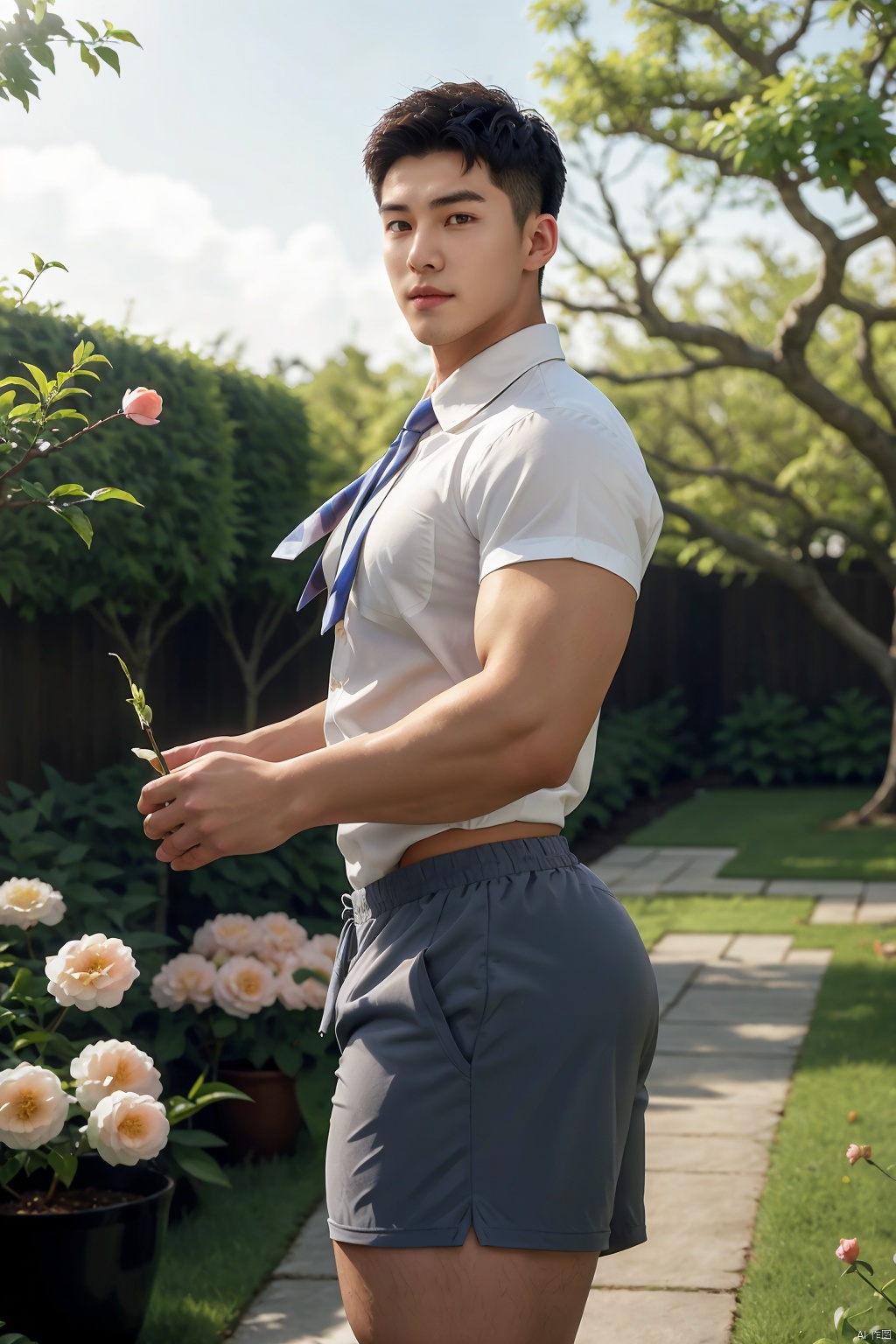  masterpiece,1 boy,Young,Handsome,Look at me,Short hair,Tea hair,Students,White shirt,Striped tie,Gray shorts,Stand,Outdoor,Garden,Peach tree,Flying petals,Light and shadow,HDR,textured skin,super detail,best quality, CodeMan001, SaSangAAA, Divine Titan