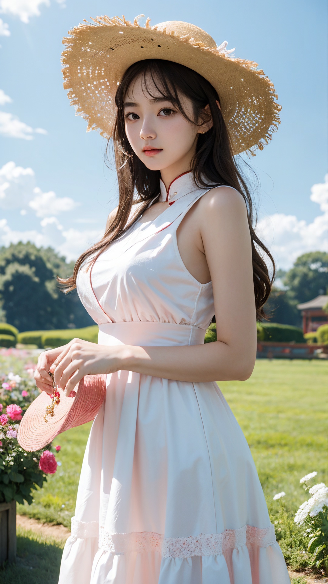  masterpiece, 1 girl, 18 years old, Look at me, long_hair, straw_hat, Wreath, petals, Big breasts, Light blue sky, Clouds, hat_flower, jewelry, Stand, outdoors, Garden, falling_petals, White dress, textured skin, super detail, best quality, ajkds, (\xing he\), kongque, JMLong, pink fantasy, chinese, Trainee Nurse