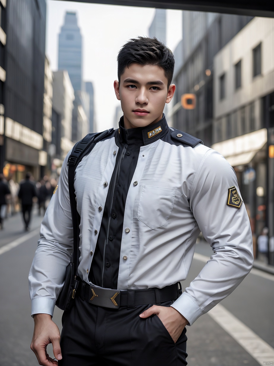  masterpiece,1 Man,Look at me,Handsome,Lovely,textured skin,super detail,best quality,adapted_uniform,Bustling city, 1 boy, a boy_gmlwman, Muscular Male, Arso, fu