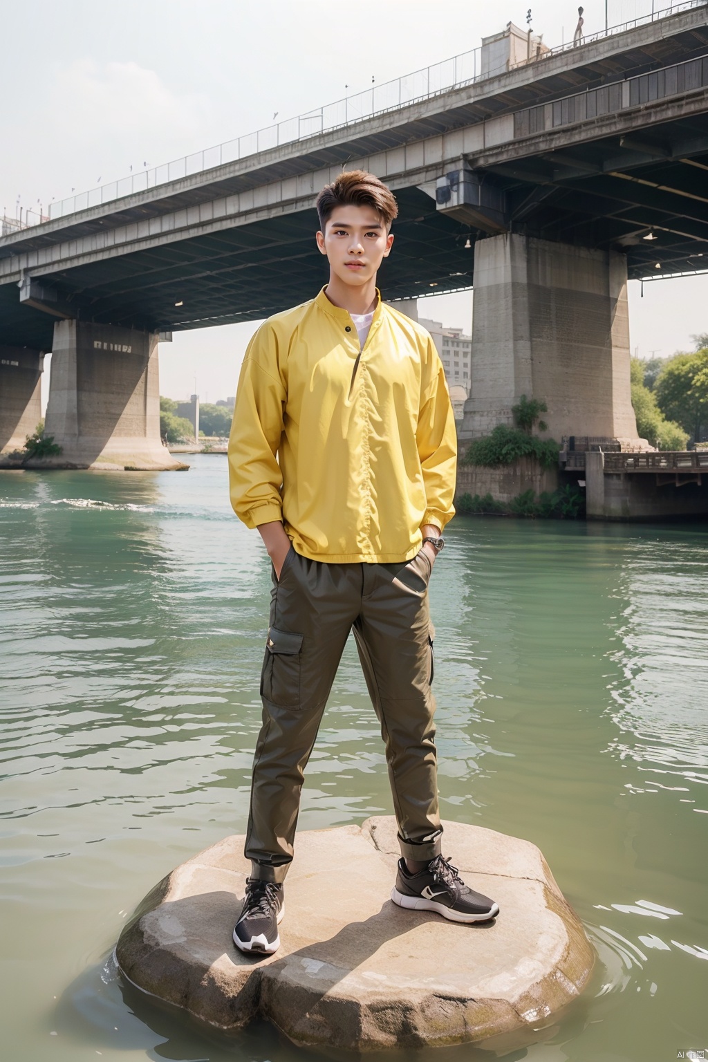  (1boy:1.5),1boy, solo,full body,front
,brown hair,handsome,white skin,yellow theme,yellow clothes,short hair,whole body,solo,Stand on the river,Facial detail portrayal,Perfect facial features,standing,watch audience,