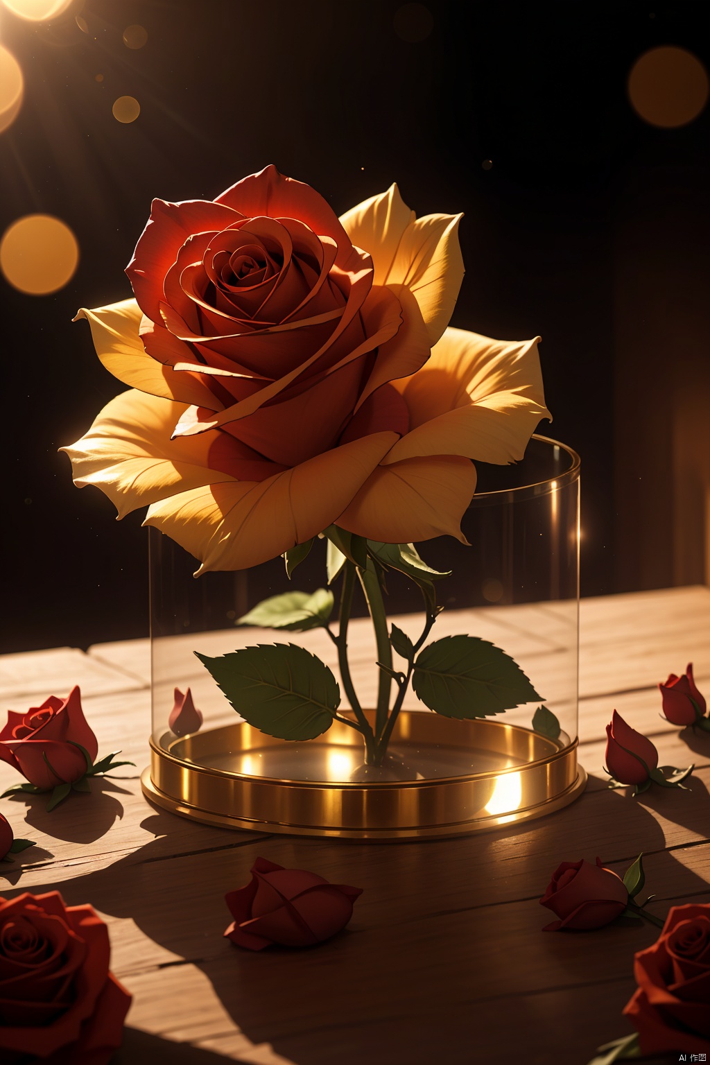  a beautiful transparent glass red rose with a exquisite fragile iridescent glass leafs, surrounded with [white:2] butterflies, intricate details, masterpiece, award winning, rich, breathtaking, golden hour light, bokeh, atmospheric, ((close up))