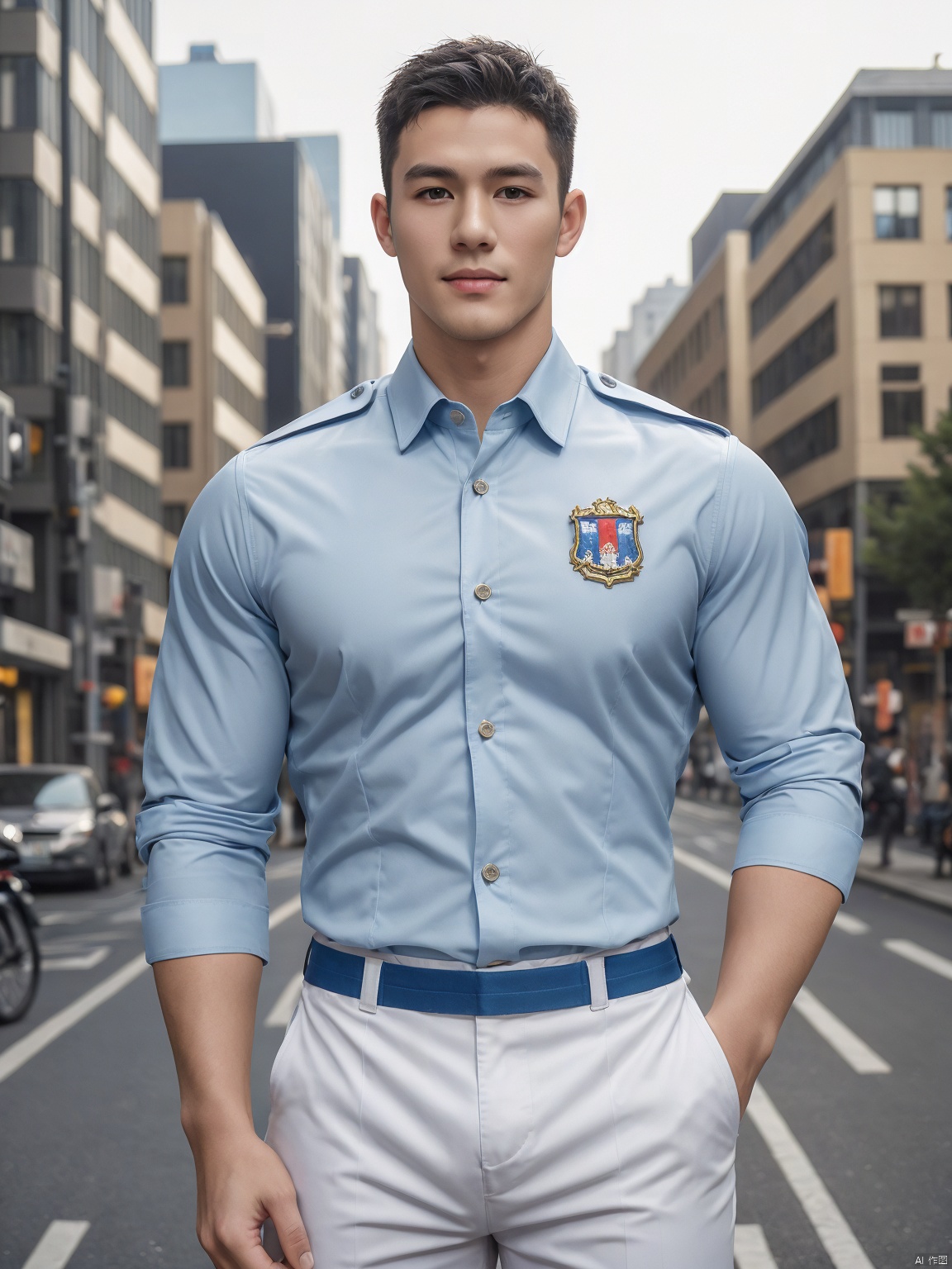  masterpiece,1 Man,Look at me,Handsome,Lovely,textured skin,super detail,best quality,adapted_uniform,Bustling city, 1 boy, a boy_gmlwman, Muscular Male