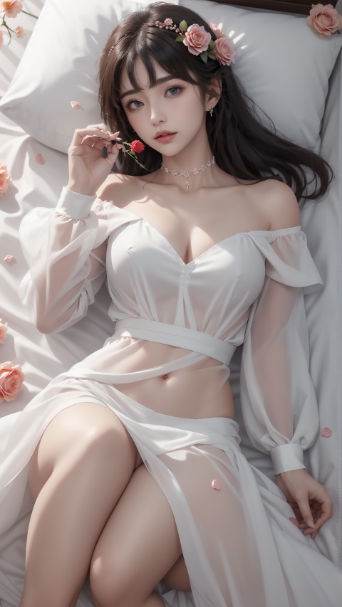  1girl, solo, red flower, flower, blue eyes, long hair, holding flower, holding, rose, dress, petals, hair ornament, red rose, lying, long sleeves, white hair, on back, white dress, looking at viewer, choker, parted lips, bare shoulders, blush, bangs, off shoulder, black choker, hair flower, off-shoulder dress, very long hair, collarbone, puffy long sleeves, puffy sleeves, rose petals, hair between eyes,eyesseye