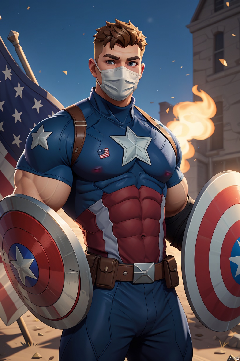  1boy,Captain America,male focus,solo,superhero,mask,muscular,bodysuit,belt,flag,(shield:1.2),american flag,manly,gloves,muscular male, Fortnite