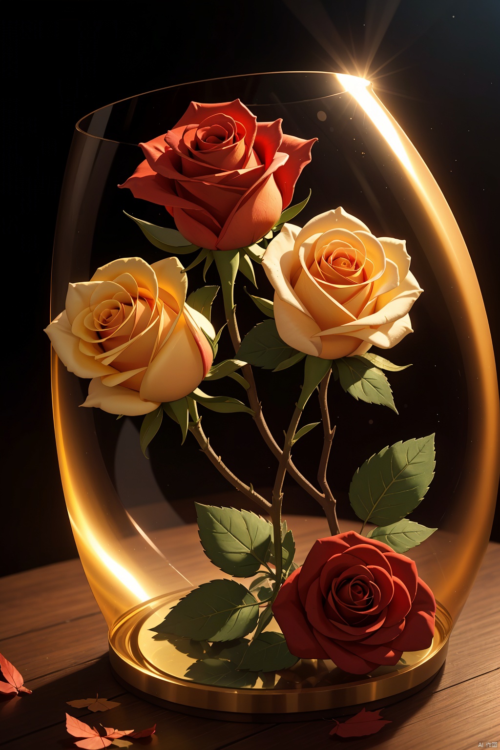  a beautiful transparent glass red rose with a exquisite fragile iridescent glass leafs, surrounded with [white:2] butterflies, intricate details, masterpiece, award winning, rich, breathtaking, golden hour light, bokeh, atmospheric, ((close up))