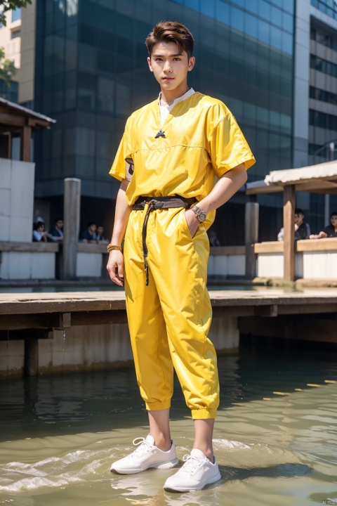  (1boy:1.5),1boy, solo,full body,front
,brown hair,handsome,white skin,yellow theme,yellow clothes,short hair,whole body,solo,Stand on the river,Facial detail portrayal,Perfect facial features,standing,watch audience,